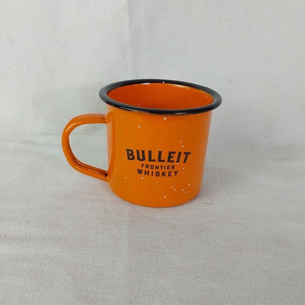 Bulleit Mug Frontier Whiskey Bourbon Orange Black Cup Camper Style Faux Enamel